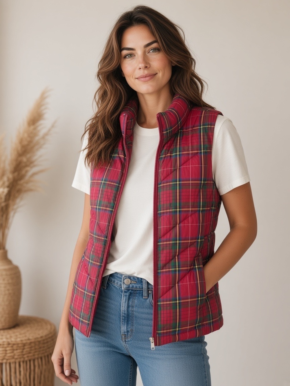 Lands' End Red Tartan Plaid Down Puffer Vest S Quilted Zip Holiday Christmas
